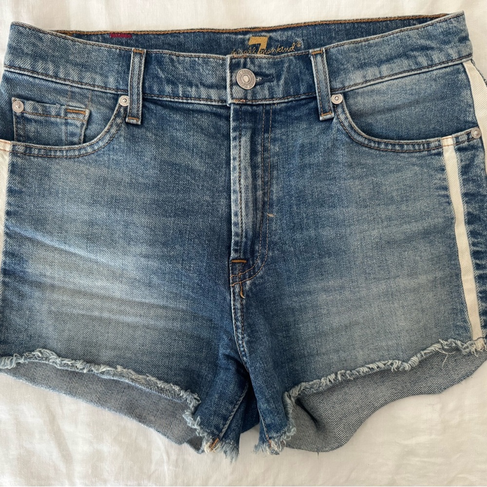 7 For All Mankind Light Blue Frayed Hem Denim Shorts with Side Stripe